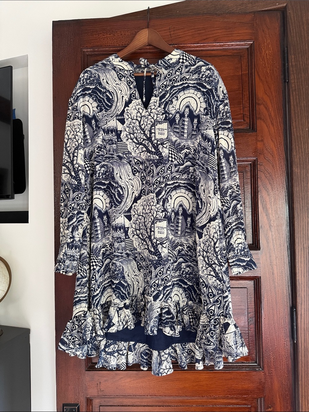 Scotch & Soda Navy and White Printed Ruffle-Hem Long Sleeve Dress